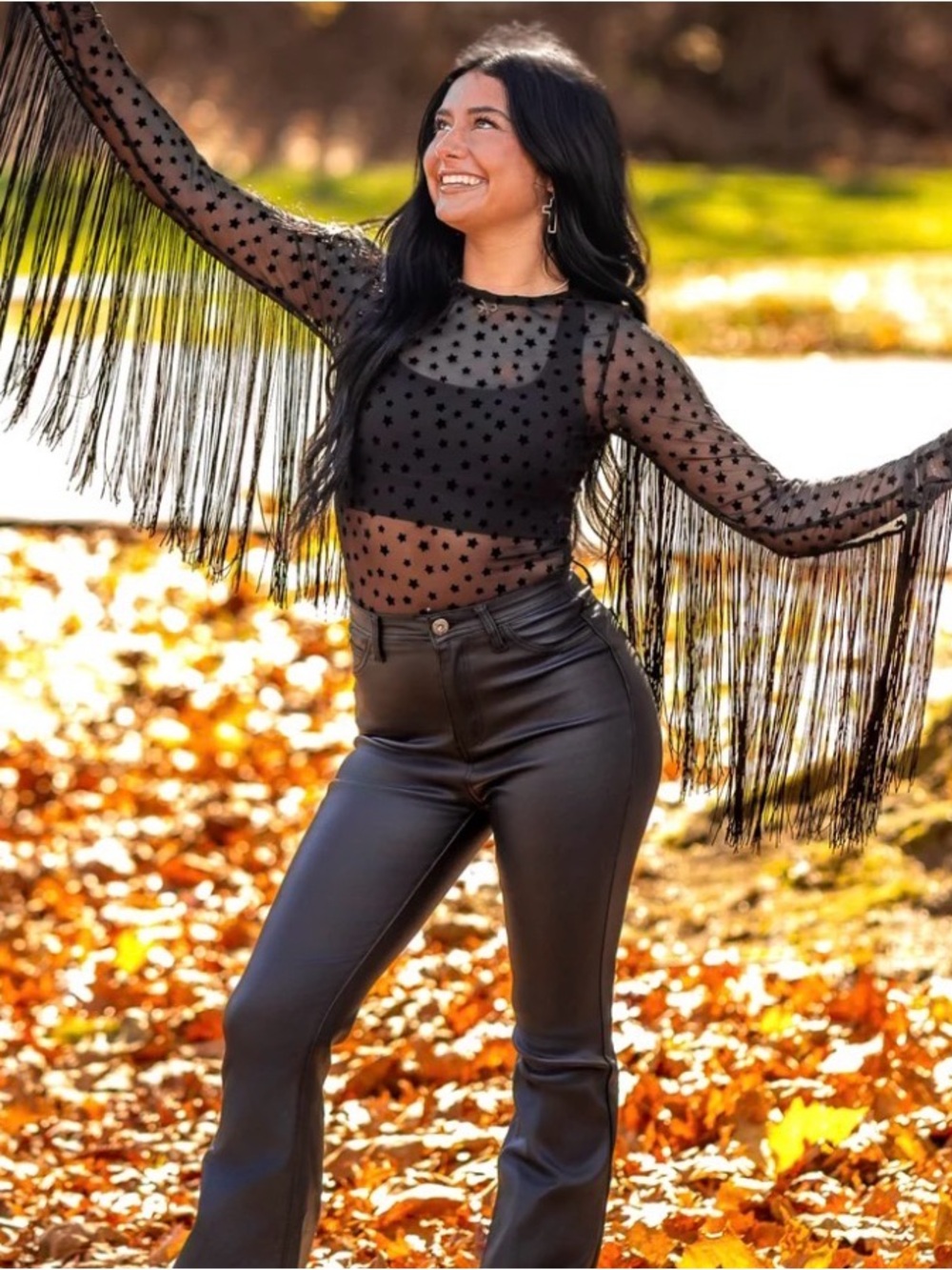Saints & Hearts Sheer Black Star Mesh Fringe Top. Medium. Festival/Rodeo/Concert
